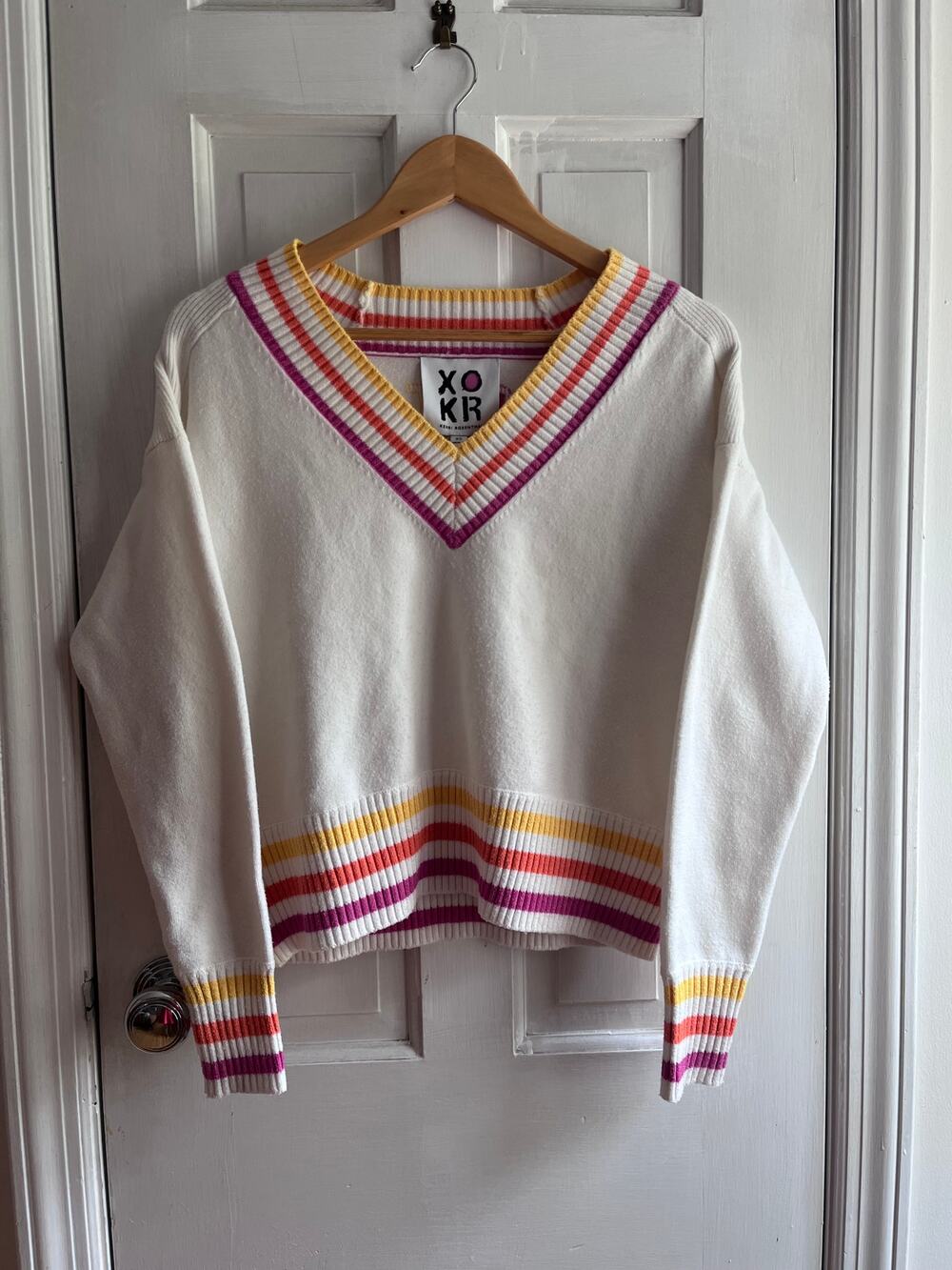 Kerri Rosenthal Get Happy Striped Varsity V-Neck Boxy Sweater Cream XS